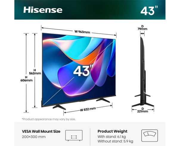 HISENSE - LED Smart TV 4K 43A6S – 40 a 64 Polegadas – stockin.pt