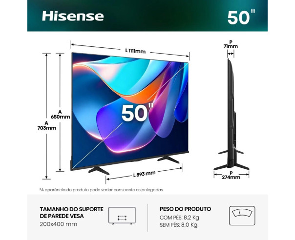 HISENSE - LED Smart TV 4K 50A6S – 40 a 64 Polegadas – stockin.pt