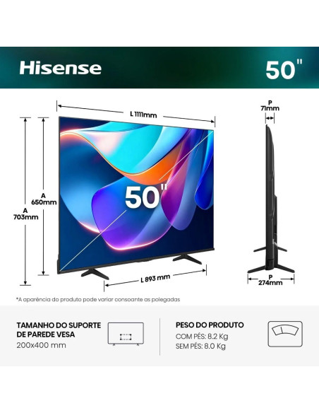 HISENSE - LED Smart TV 4K 50A6S – 40 a 64 Polegadas – stockin.pt