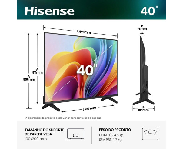 HISENSE - LED Smart TV Full HD 40A4S – 40 a 64 Polegadas – stockin.pt