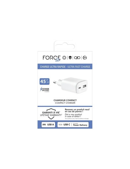 FORCE POWER - Carregador USB-C 45W Gan 1 USB-C USB-A Branco F153231 – Carregadores Parede – stockin.pt