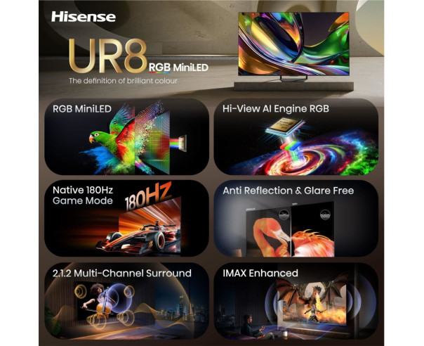 HISENSE - RGB-MiniLED Smart TV 65 4K 180Hz Som 2.1.2 65UR8S – 65 a 74 Polegadas – stockin.pt