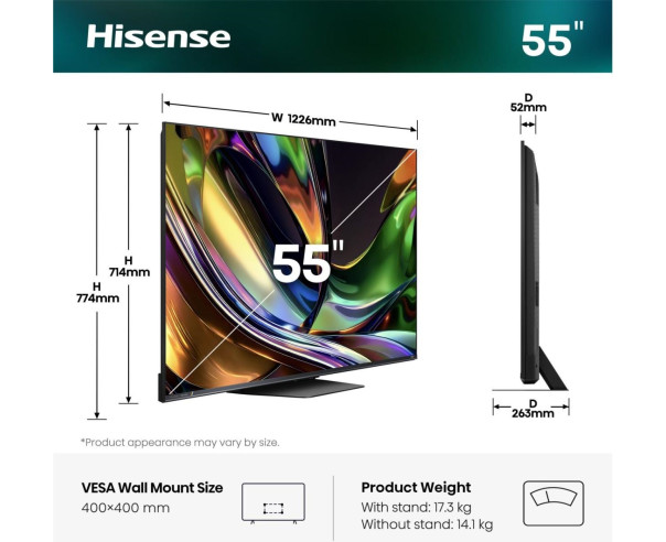 HISENSE - RGB-MiniLED Smart TV 55 4K 180Hz Som 2.1.2 55UR8S – 40 a 64 Polegadas – stockin.pt