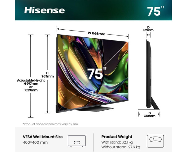 HISENSE - RGB-MiniLED Smart TV 75 4K 180Hz Som 2.1.2 75UR8S – 75 a 100 Polegadas – stockin.pt