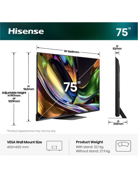 HISENSE - RGB-MiniLED Smart TV 75 4K 180Hz Som 2.1.2 75UR8S – 75 a 100 Polegadas – stockin.pt