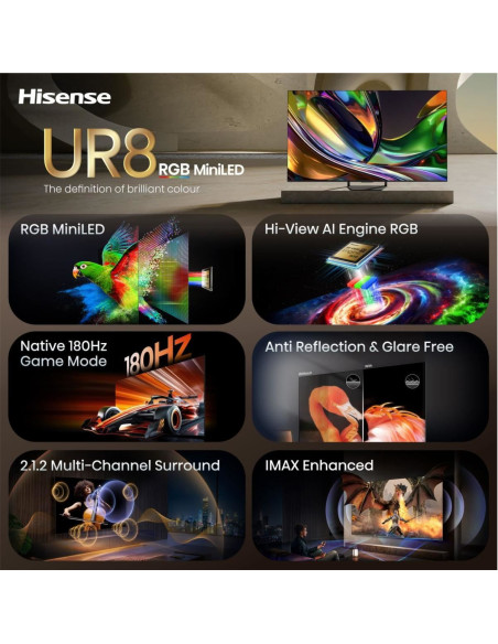 HISENSE - RGB-MiniLED Smart TV 85 4K 180Hz Som 2.1.2 85UR8S – 75 a 100 Polegadas – stockin.pt
