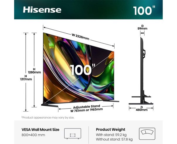HISENSE - RGB-MiniLED Smart TV 100 4K 180Hz Som 2.1.2 100UR8S – 75 a 100 Polegadas – stockin.pt